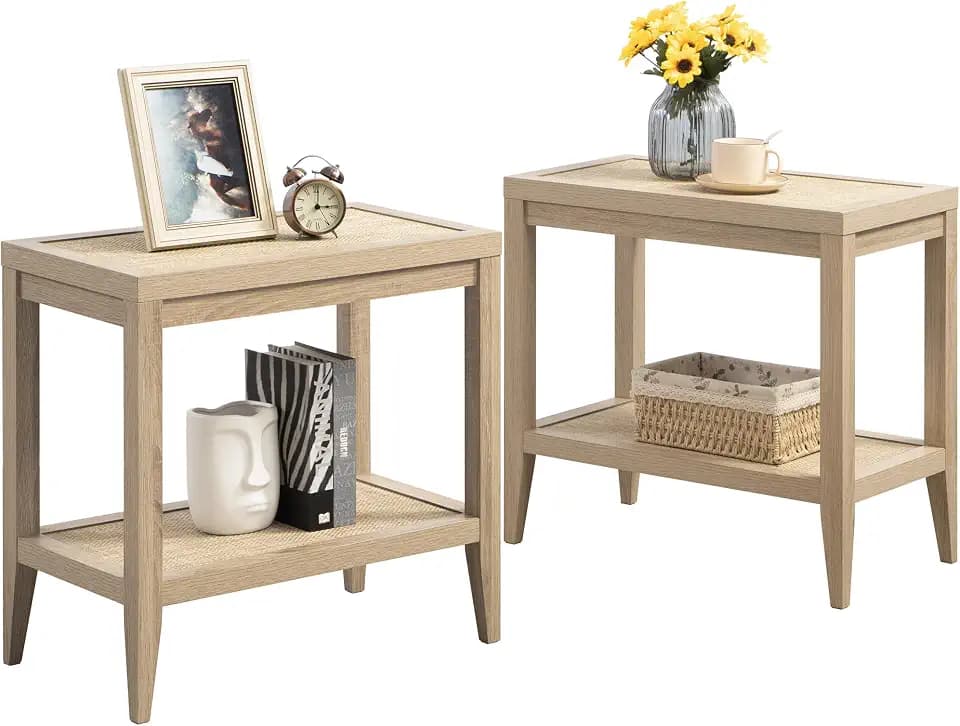 SICOTAS Rattan End Table Nightstand Set of 2, Side Table with Storage