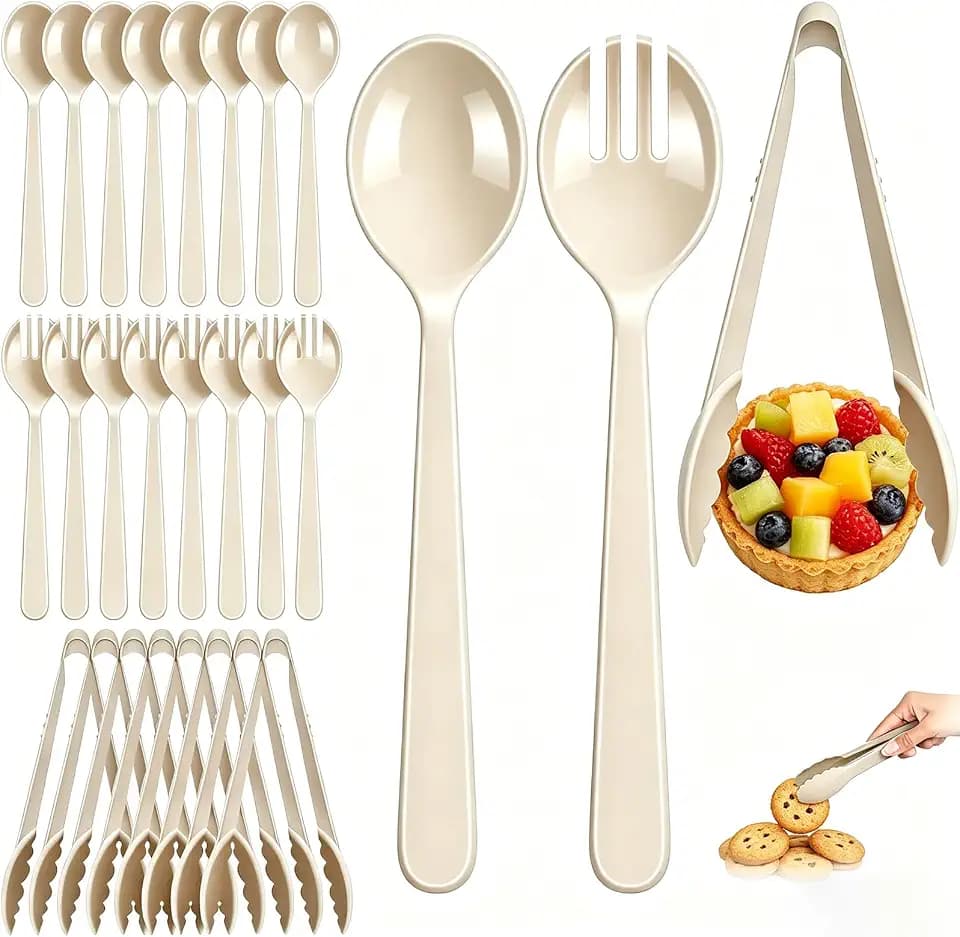 24 Pcs Ivory Plastic Serving Utensils Set, Disposable & Reusable Supplies