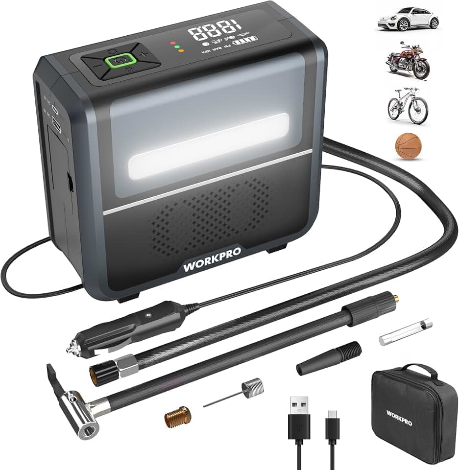 WORKPRO Kabellose Elektrische Luftpumpe 3-in-1 mit LED-Licht, Powerbank 12V