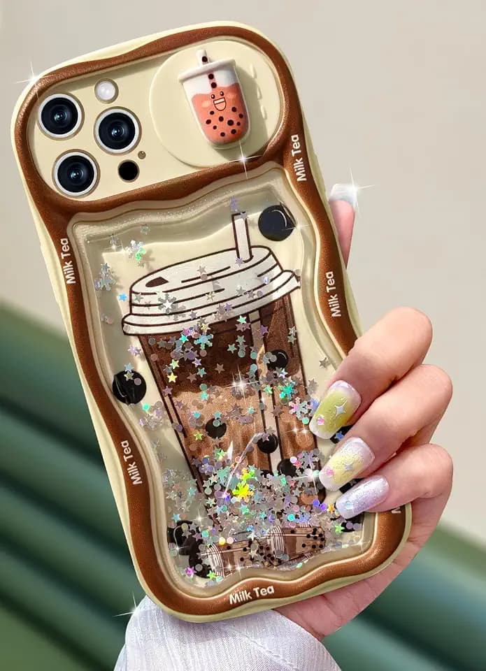 Toycamp for iPhone 15 Pro Max Case - Women Girls Cute Phone Cover Boba Milk Tea with Sliding Camera Cover Girly Bling Glitter Kawaii Design Flowing Liquid Quicksand Case for iPhone 15 Pro Max 6.7 "