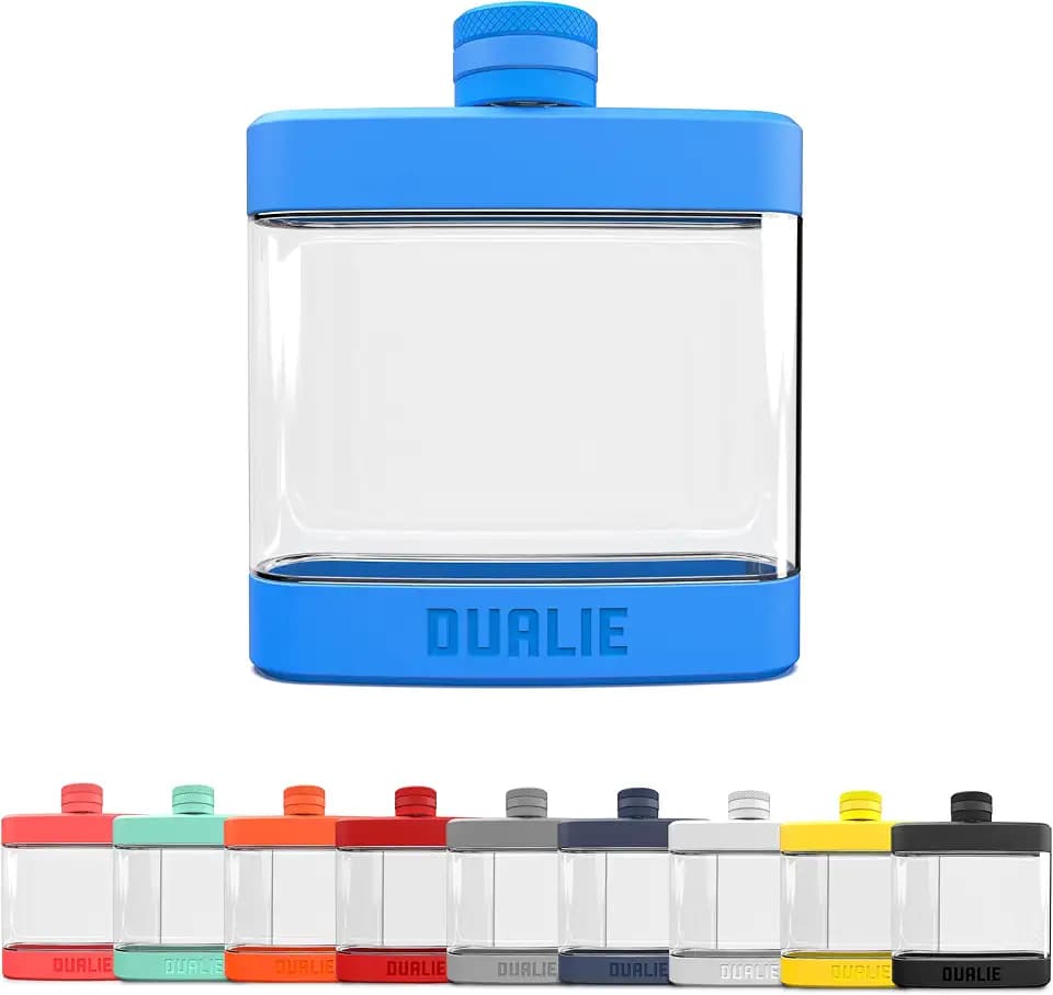 DUALIE 6 oz Hip Flask for Liquor - Shatterproof Alcohol Flasks with Clear Tritan Plastic and Silicone Grip - Flask Gift for Men & Women - Glacier