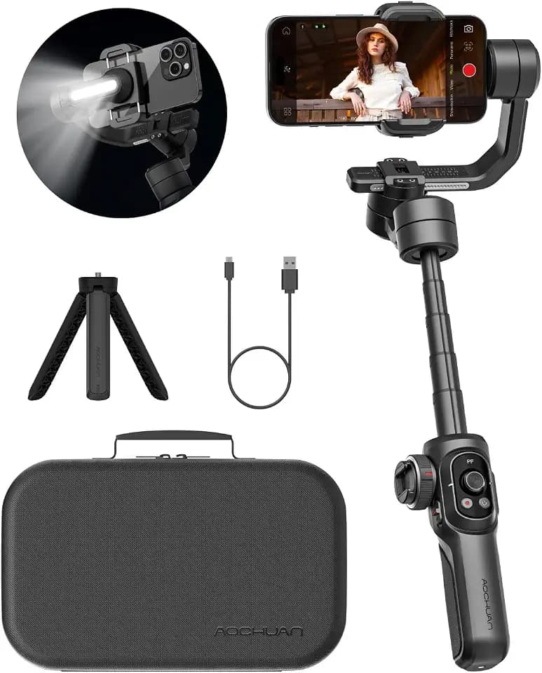 AOCHUAN Gimbal-Stabilisator für iPhone, 3-Achsen Industriestandard Gimbal mit 360°Rotation, Stabilisierung mit integrierter Verlängerungsstange,Stabilisator mit Licht für iPhone/Android-Smart S2