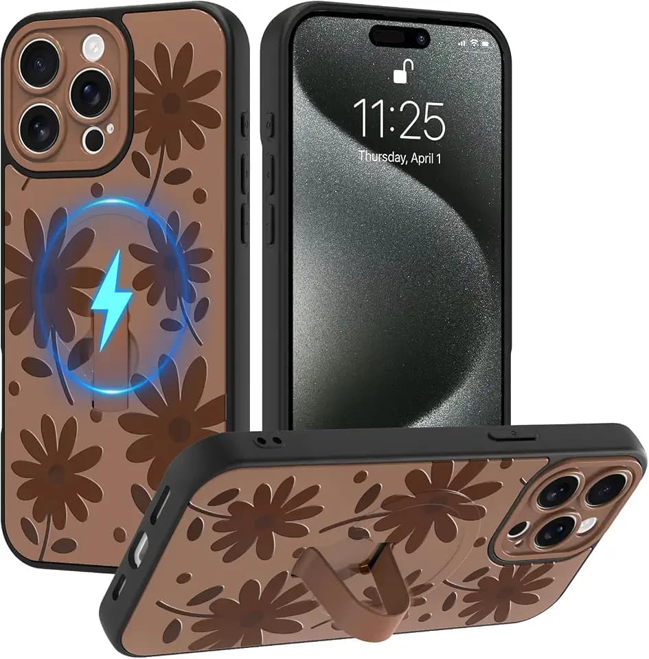MOWIME Magnetic Designed for iPhone 15 Pro Max Case, Daisy Floral, Brown