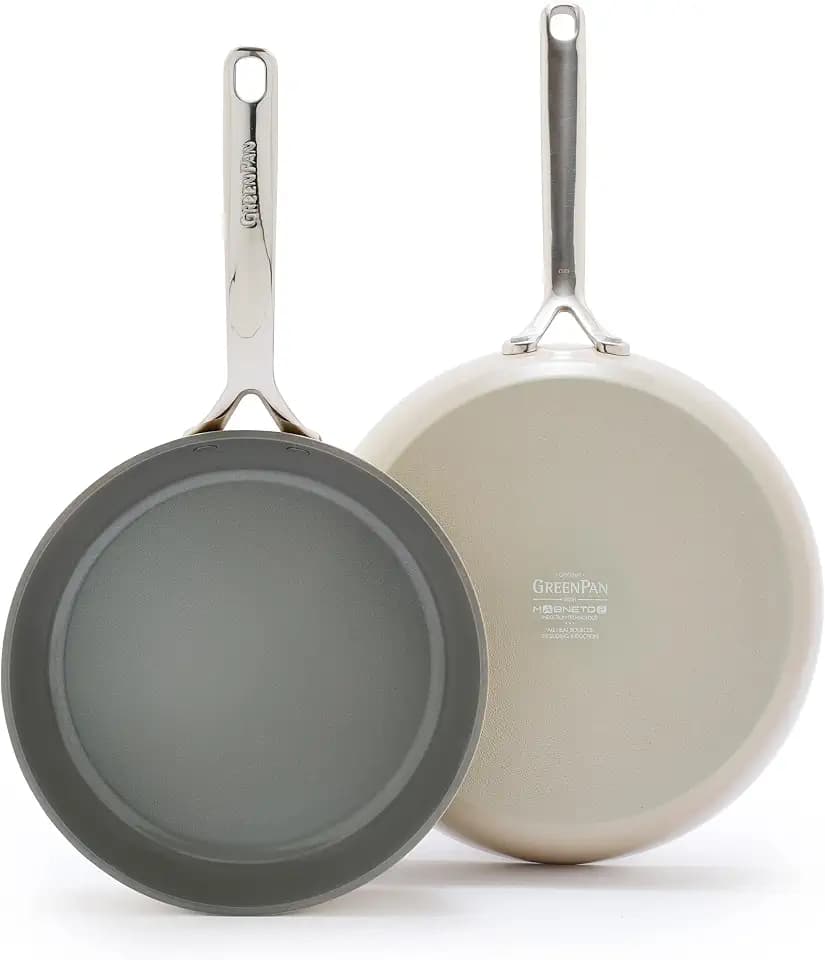 GreenPan GP5 Hard Anodized 9.5” & 11” 2 Piece Frying Pan Skillet Set, Scratch Resistant,Stay-Flat Surface, Induction, Mirror Finish Handle, PFAS-free Nonstick, Oven Safe, Taupe