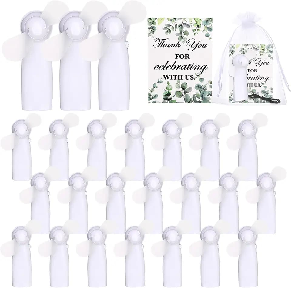 Fumete 24 Sets Wedding Fans for Guests Bulk Mini Fan Handheld Wedding Portable Fan with Thank You Card Gift Bags Battery Operated Small Personal Fans for Bridal Shower Summer Party Favors, White