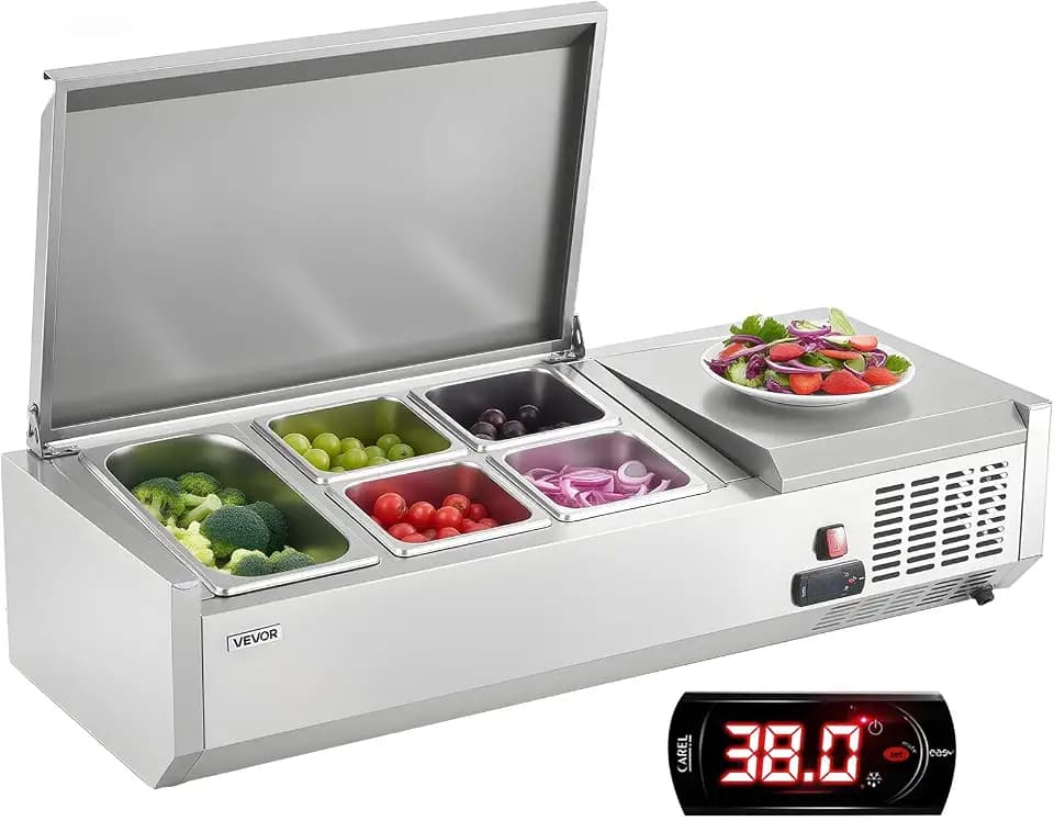 VEVOR Refrigerated Condiment Prep Station, 120W Countertop, One 1/3 Pan and Four 1/6 Pans, 304 Stainless Body, PC Lid, Sandwich Prep Table with Stainless Guard