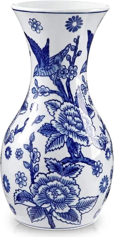 Blue and White Ceramic Vase 11" Chinoiserie Flower Vase in with Mouth