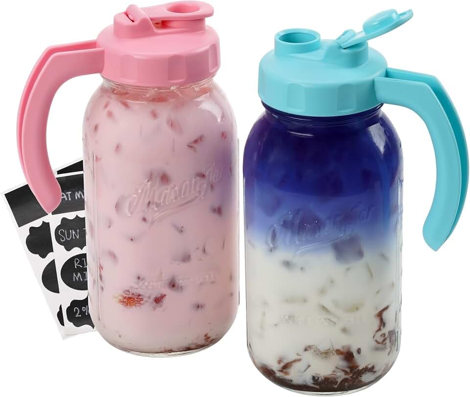 SOLIGT 2 Quart Glass Mason Jar Pitchers with Lids, Pink&Baby Blue, 2 Pack