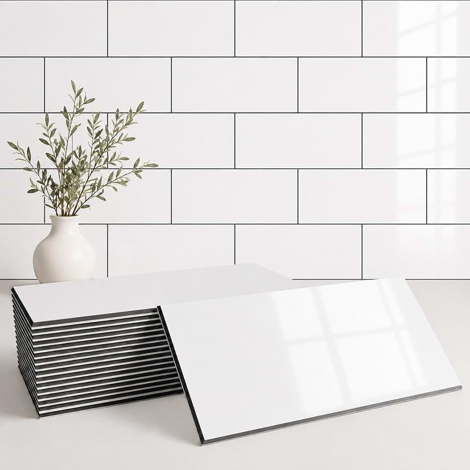 StyloVue 100 Pieces Peel and Stick Backsplash for Kitchen, 3" x 6" PVC Subway Tile, Glossy White with Dark Gray Grout, Self Adhesive Stick on Wall Tiles for Kitchen, Bathroom, Fireplace, RV