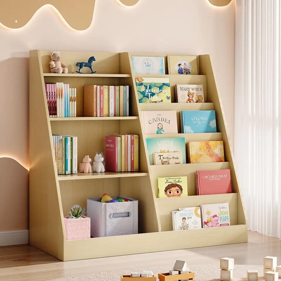 Tatub Upgraded 6 Tier Kids Wooden Bookshelf and Toy Storage, Natural Wood
