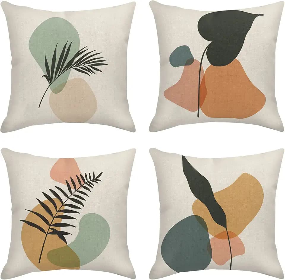 Sanwarm Linen Throw Pillow Covers Set of 4, 16 x 16 Inch, Boho Botanical
