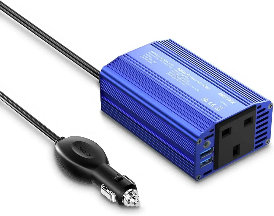 BESTEK Wechselrichter 300W DC 12V bis AC 230V 240V, Autoladegerät-Transformator, Feuerzeugadapter mit 3-poligem Stecker und zwei USB-Anschlüssen Blau