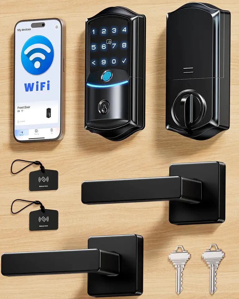 Veise VE027-L WiFi Smart Lock with Handles Set for Front Door, Matte Black