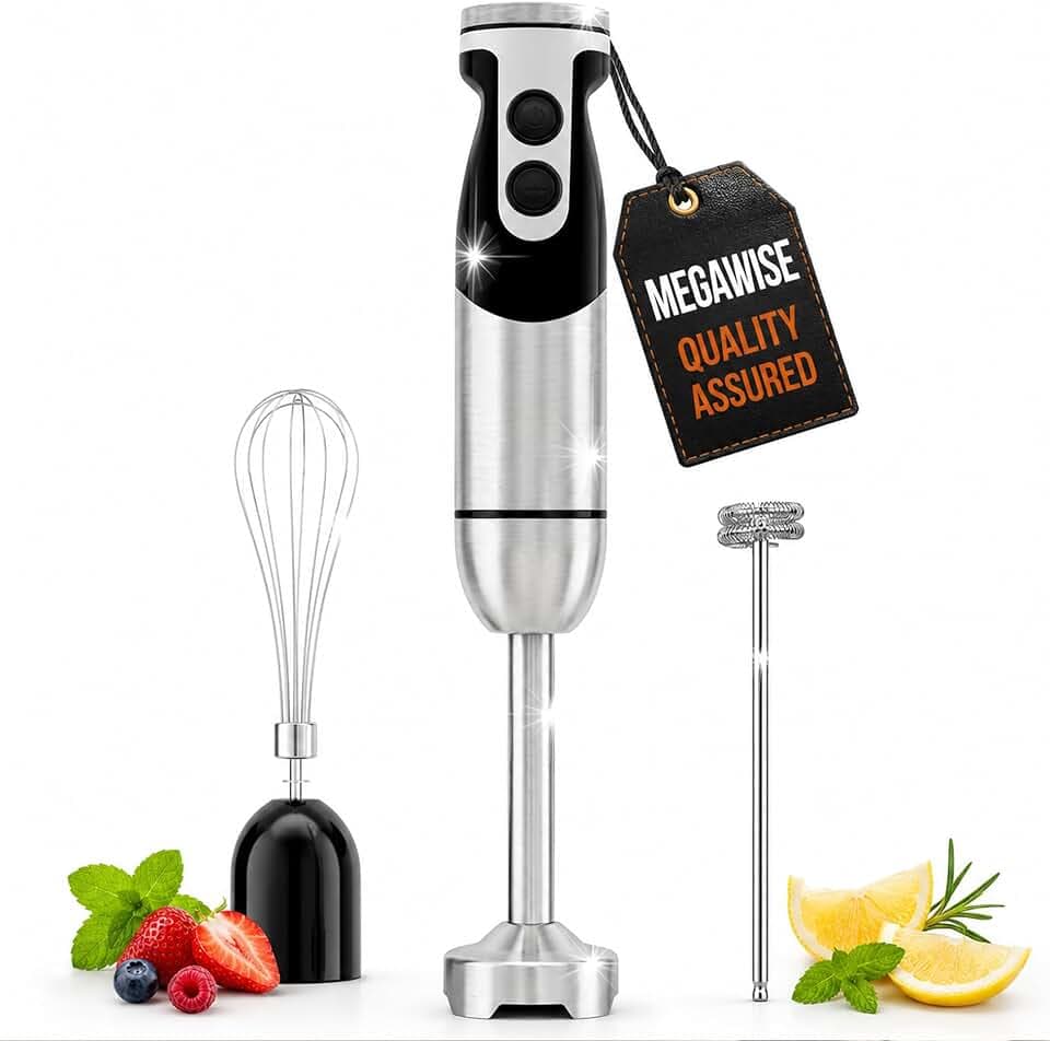 MEGAWISE 3-in-1 Hand Blender, Whisk, Milk Frother, 12-Speed Control