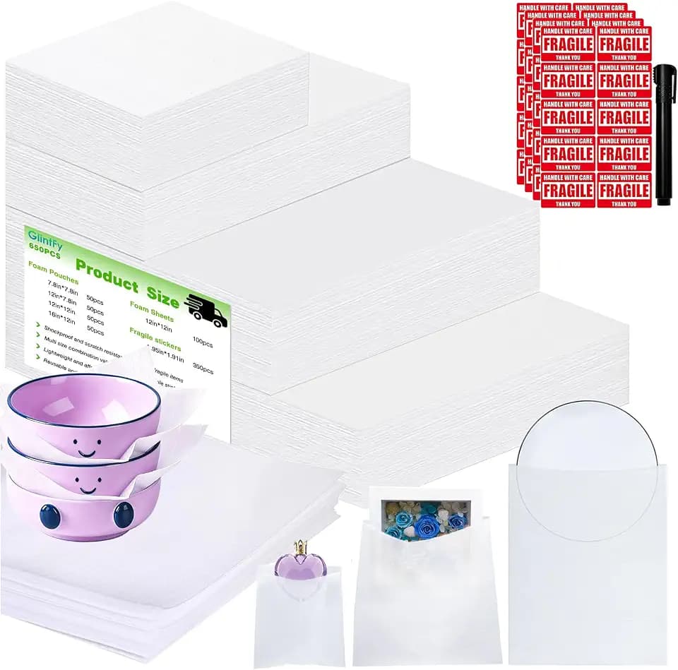 650Pcs Dish Packing Supplies for Moving,300 Foam Pouches & Sheets 4 Sizes (16x12",12x12",12x7.8",7.8x7.8") with 350 Fragile Stickers & Marker Pen for Moving, Packaging, Storage