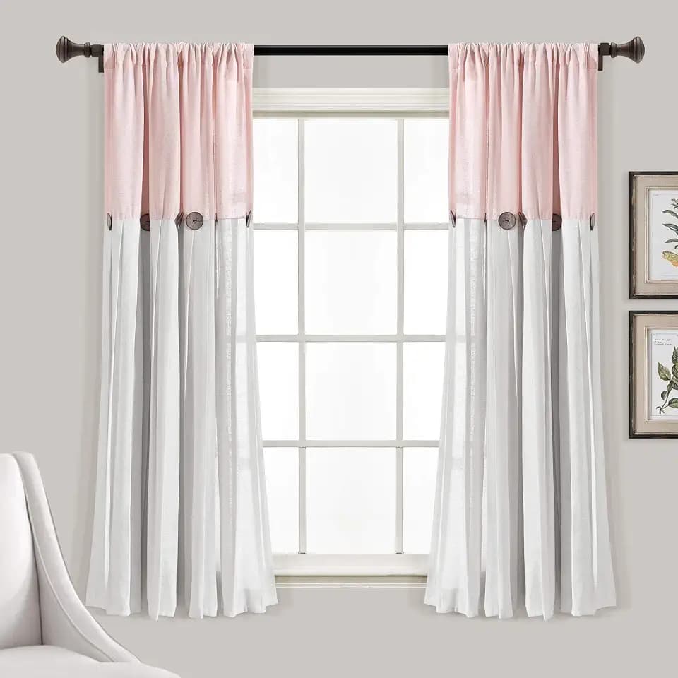 Lush Decor Linen Button Window Curtain Panel, Single, 40" W x 63" L, Blush & Off White - Country Curtains - Rustic Decor - Color Block Modern Farmhouse Curtains For Living Room, Bedroom & Dining Room