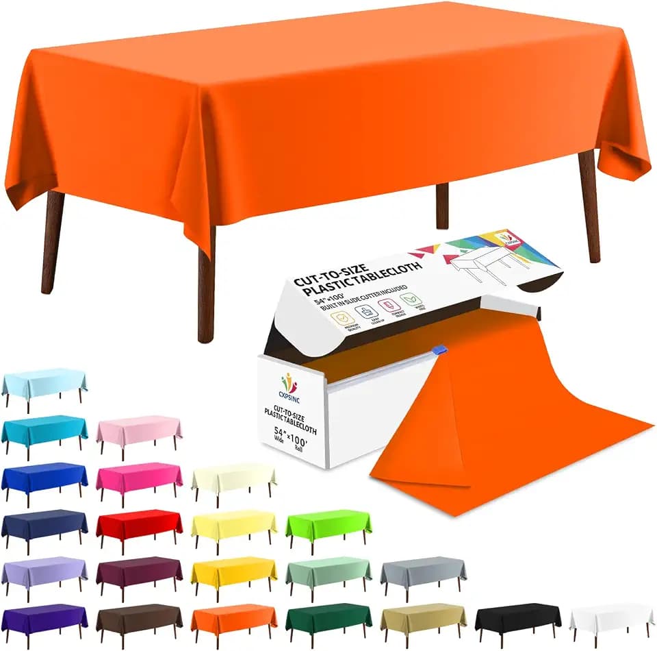 CXPSINC 54 Inch X 100 Feet Plastic Table Cover Roll Disposable Tablecloth with Slide Cutter for All Type/Shape Tables | Party, Banquet, Birthdays, Weddings(Orange, 100 Feet)