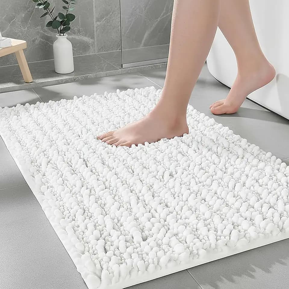 Chenille Bathroom Rugs 32x20 Absorbent Soft Non Slip, White