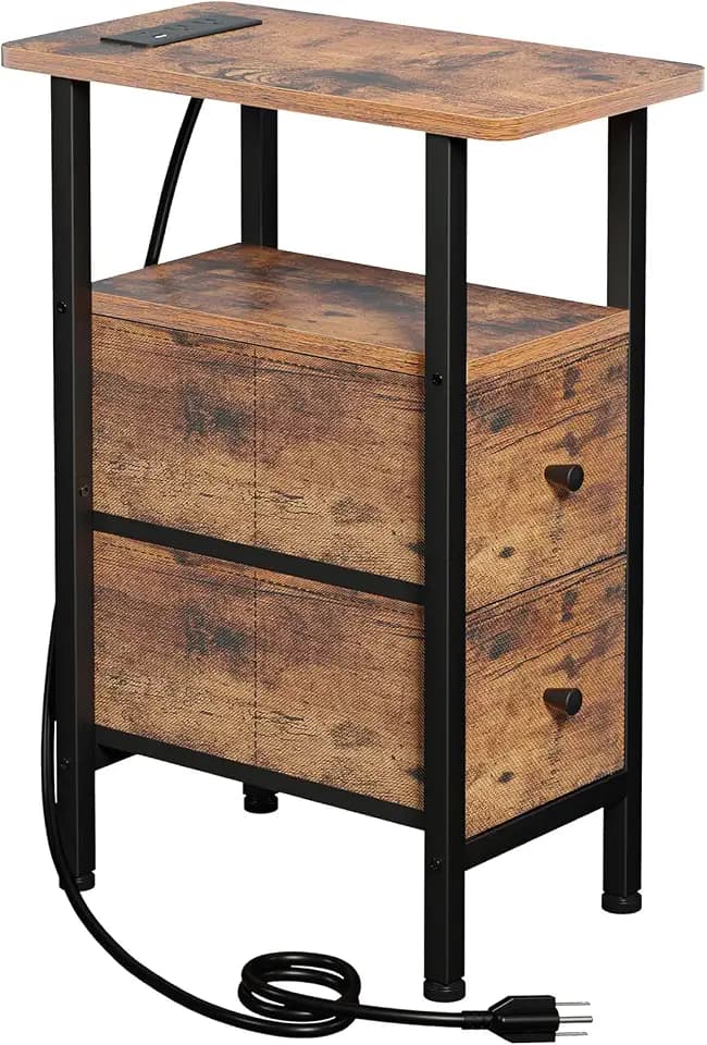 LOAKEKEL Narrow End Table with Charging Station, Small Nightstand