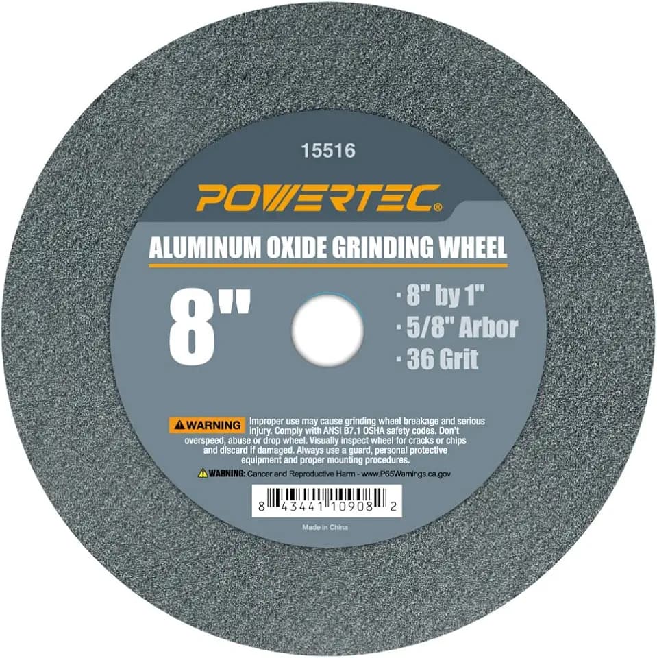 POWERTEC Bench Grinder Wheel 8 Inch 36 Grit, Aluminum Oxide Grinding Wheel for Bench Pedestal Grinder, 1" Thick 5/8" Arbor, Sharpening & Shaping Drill Bits, Blade, and Chisel 1PK (15516)