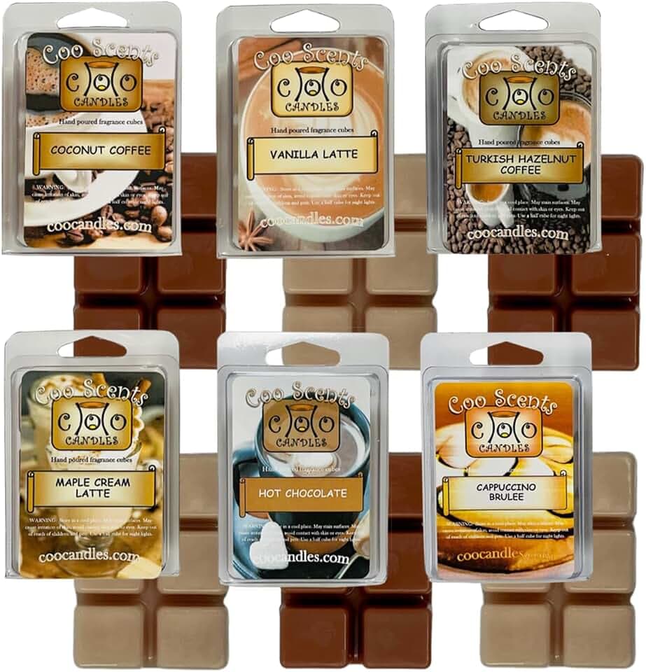 Coffee House Scented Wax Melts, 6 Pack – USA Made – Wax Cubes for Wax Melt Warmer, Coffee Variety Pack - Coconut, Maple Latte, Hazelnut, Hot Chocolate, Vanilla Latte, & Cappuccino Brulee