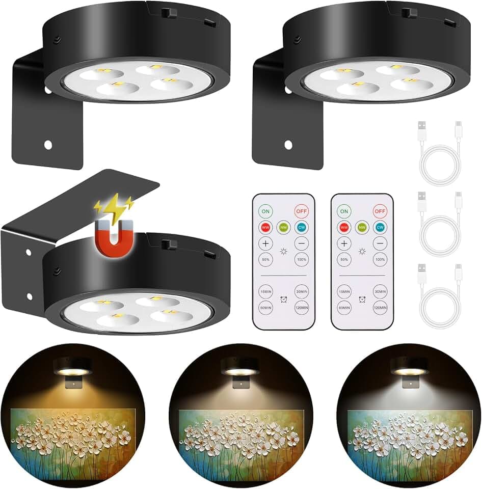 MIOBLUE 3Pack Rechargeable Battery Pictureainting Light with Remote Control Dimmable and Timer, Magnetic Art Display Puck Light 3 Lighting Modes for Paintings Wall Decor