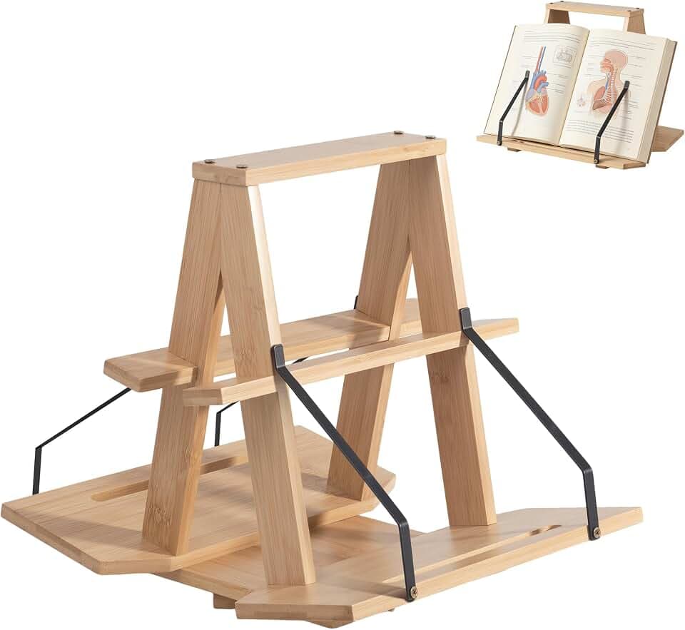 Bamboo Medical Coding Book Stands, Two-Sided 360 Rotating Books Holder