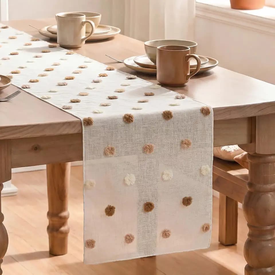 Artoid Mode Beige Coffee Brown Pom Pom Tulle Table Runner, Seasonal Washable Kitchen Dining Table Decoration for Home Party Decor 12x90 Inch