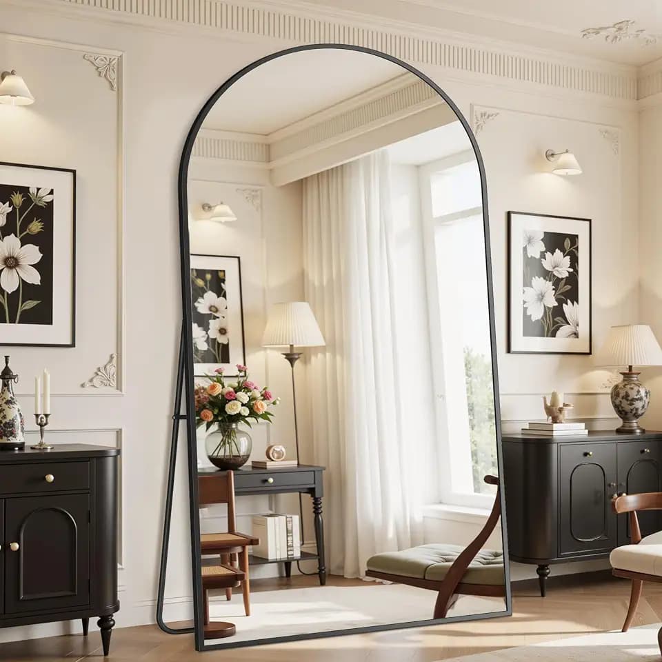 Suidia 90"x46" Arched Full Length Mirror with Stand, Black Floor Mirror