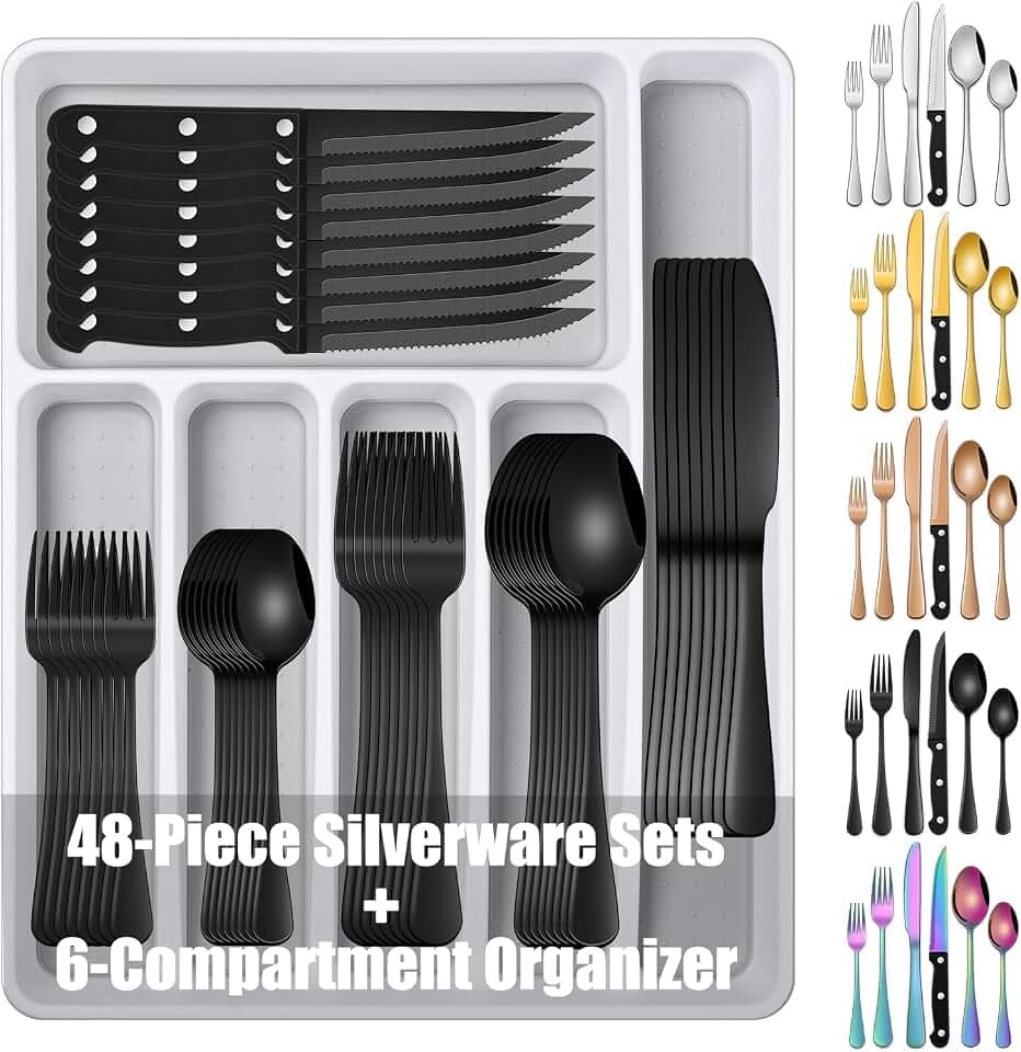 Black 49 Pieces Stainless Steel Flatware Sets With Organizer,Black Silverware Sets With Steak Knives Service For 8,Black Tableware Cutlery Sets For Home Kitchen