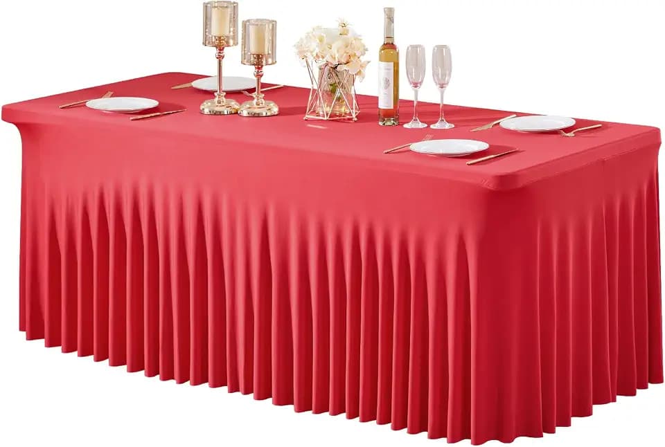 1 Pack Red Table Clothes for 8 Foot Rectangle Tables, Wrinkle Resistant Stretch Spandex Table Covers Fitted Tablecloth with Skirt for Valentines Wedding Birthday Party Event Banquet