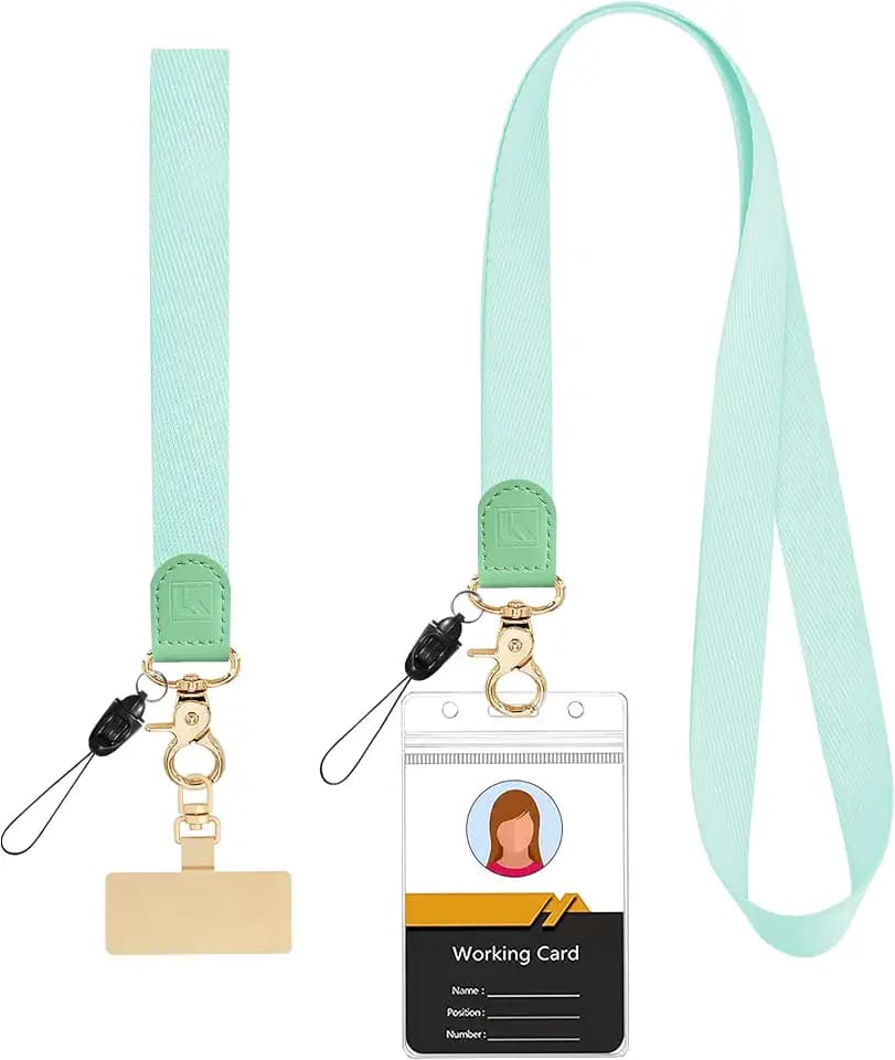 Lanyard Set with ID Badge Holder,Cute Leather Keychain Wristlet Cell Phone Strap for Women,Teacher Neck Lanyard for Keys Wallet,with Key Ring,Metal Phone Tether Tab (Green)