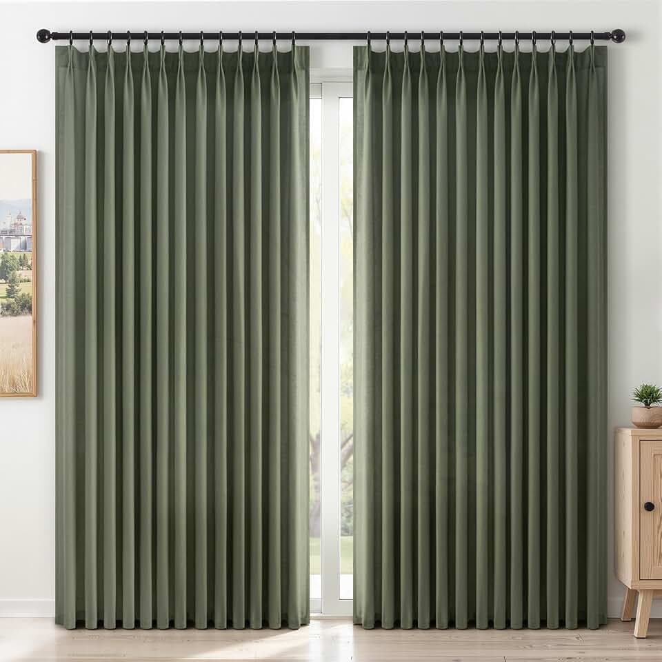 Topfinel Olive Green Pinch Pleated Curtains 105 Inch Length 2 Panels for Bedroom Living Room Textured Semi Sheer Window Curtain Boho Neutral Back Tab Pinch Pleat Drape with Hooks 105 Inches Long