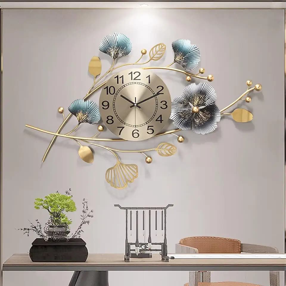Creative Large Wall Clock, 3D Metal Ginkgo Leaf Silent Non Ticking Decoration Wall Clocks, Home Decoration for Living Room Bedroom Kitchen Office