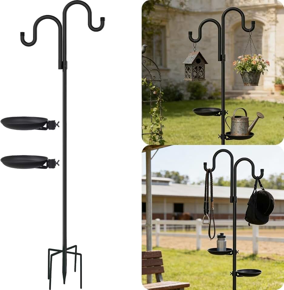 Upgraded 74" Double Shepherds Hooks,Outdoor Bird Feeder,Hanging Plants,Wind Chime Hanger, Waterproof Metal & Adjustable-Height Pole Holder for Lantern ,Hummingbird Feeder,Wreath (2 Placement Racks)