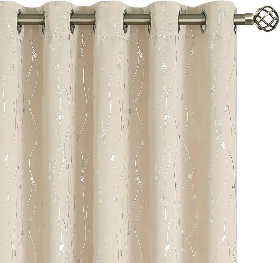 BGment Blackout Curtains 84 Inch Length 2 Panels Set, Grommet Thermal Insulated Blackout Curtains with Wave Line and Dots Printed for Bedroom, 2 Panels, Each 60 x 84 Inch, Champagne