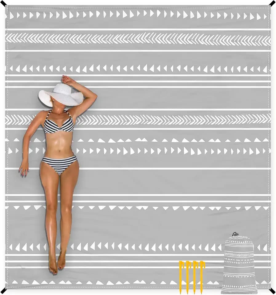Extra Large 110''×118'' Beach Blanket for 8 Adults, Outdoor Beach Mat Sand Free Waterproof with 4 Stakes & 4 Corner Pockets, Polyester Lightweight Foldable Grey Picnic Mat for Travel, Camping, Hiking