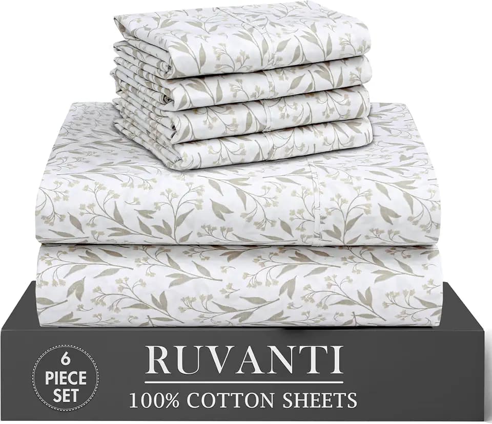 RUVANTI 100% Cotton Percale King Sheets, Crisp and Soft, Botanica Living