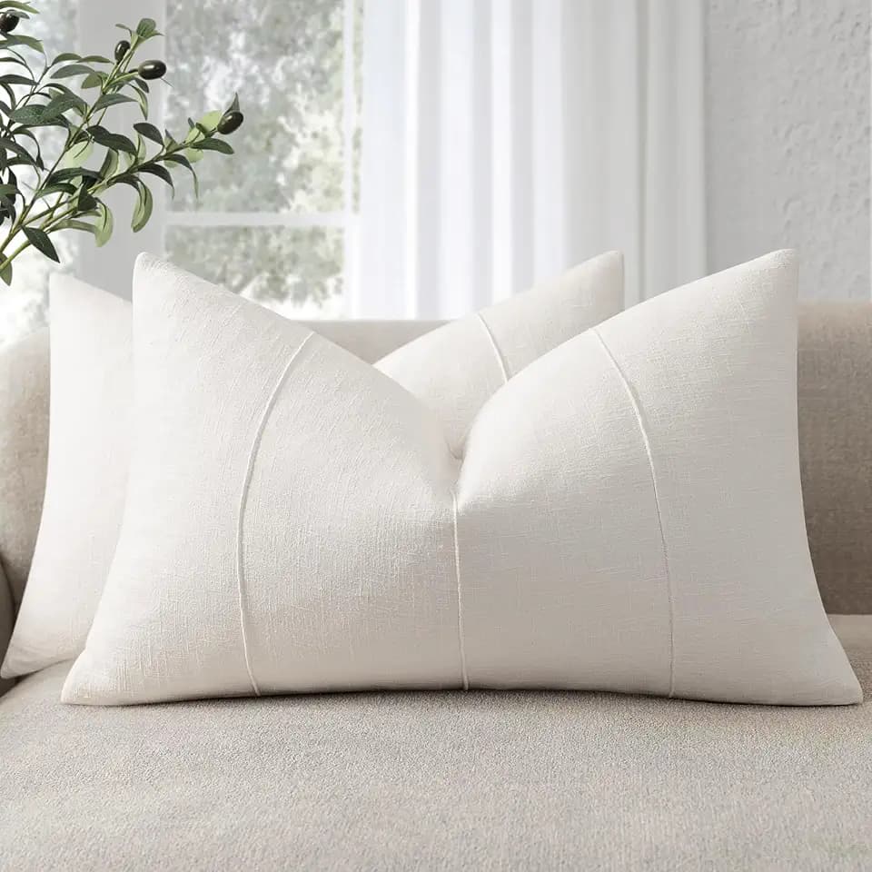 12x20 Pillow Covers Set of 2 Decorative Linen Lumbar Pillow Covers Solid handcrafted Striped Cushion Covers for Bed Soft Modern Farmhouse Neutral Pillowcase for Couch Bedroom Living Room(Cream White)