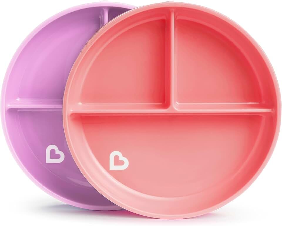 Munchkin Stay Put Suction Plates for Baby and Toddler, 3 Divided Sections , Pink/Purple