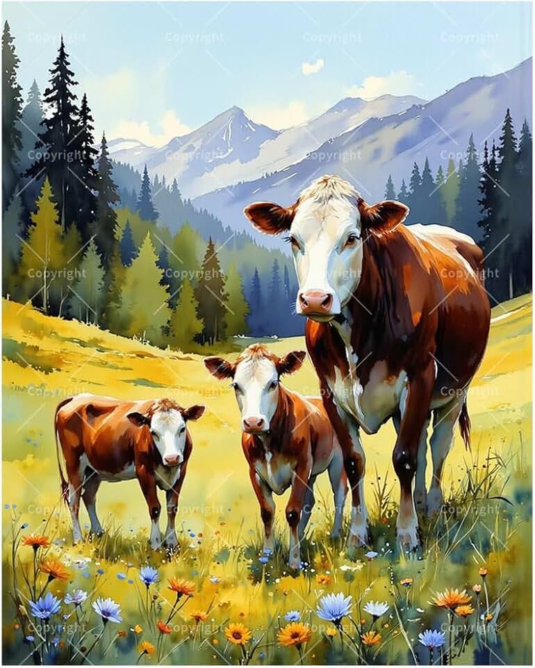 Farm Animal Paint by Numbers Kit for Adults - DIY Cow Family in Mountain Field with Wildflowers Painting on Canvas 16x20In, Acrylic Paint Set, Suitable for Beginners, Art for Home Decoration or Gifts