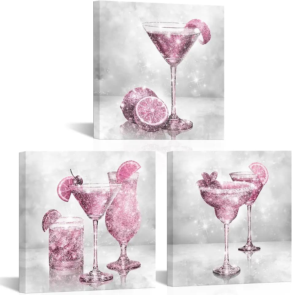 RyounoArt Bar Decor Wall Art Cocktail Pictures Canvas Prints Pink and Grey Kitchen Dining Room Wall Decorations for Home Framed 12 * 12 inches*3pcs (Pink)