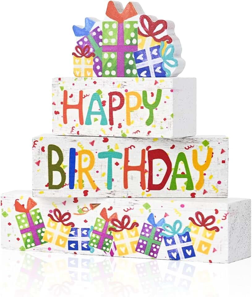 Smile Birthday Wooden Decorations, Wooden Sign Blocks Colorful Happy Birthday Tiered Tray Centerpieces, Rustic Tabletop for Home Office Farmhouse Desk Shelf Mantel Party Decor