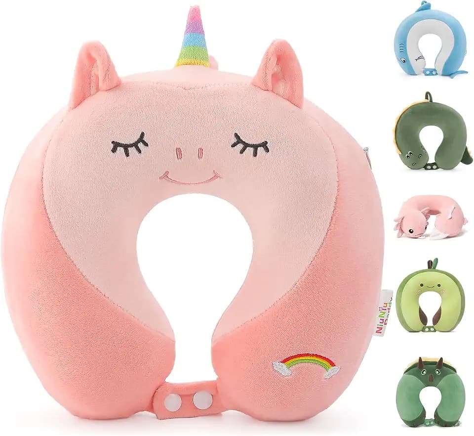 Kids Travel Neck Pillow for Ages 3-8, Memory Foam, Removable Cover, Unicorn
