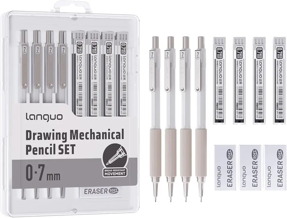 languo 0.7mm Mechanical Pencil Set with Case, 4PCS Drafting Mechanical Pencils Kit – 4 Tubes 2B Lead Refills, 3 Erasers, Ideal Pencil Set for Writing & Drawing