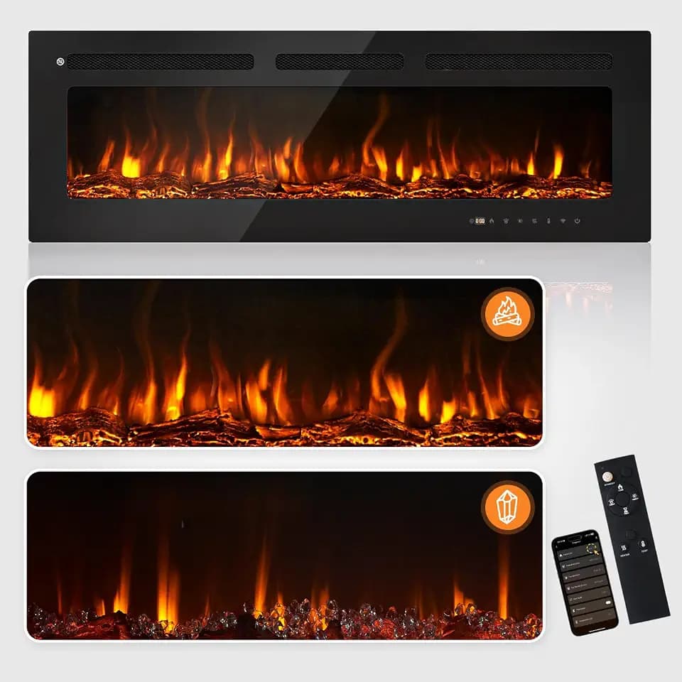 50” Smart Electric Fireplace Heater, Wide Recessed/Wall Mounted Electric Fireplace, Remote Control with Timer, 12 Adjustable Color Flame, Log Set & with Crystal Stone, 750/1500W