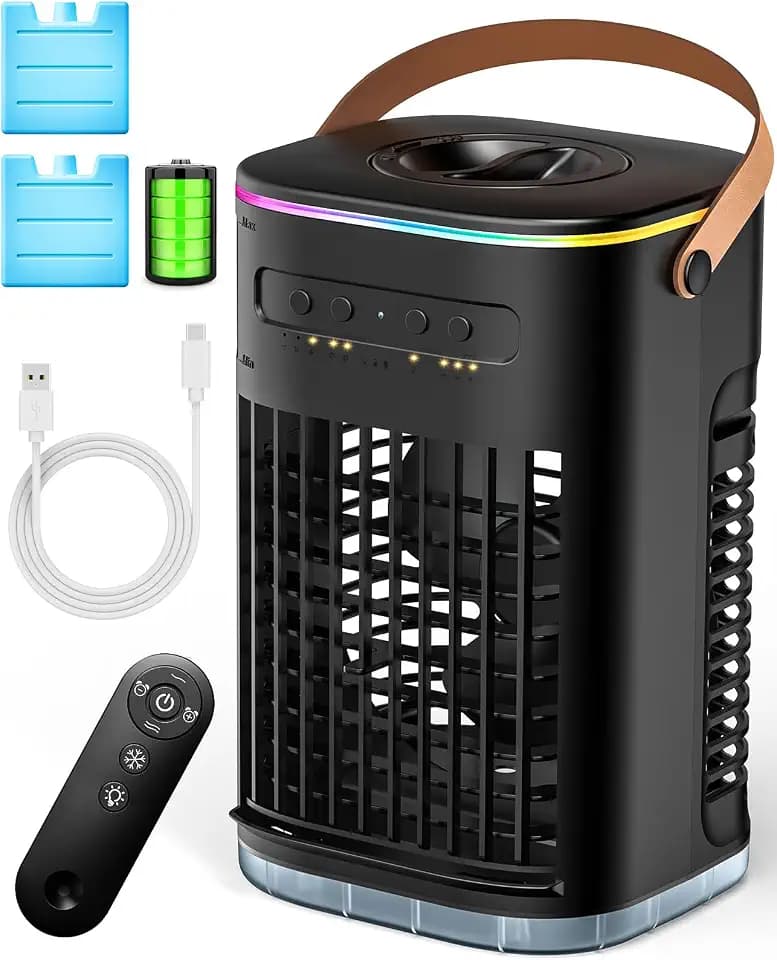 Small Portable Air Conditioners, 5400mAh Battery, 2Ice Packs Personal Air Conditioner, 7H Timer & 16.5ft Remote, 7Color Light, 1200ML Water Tank, 3Speed & 2Cool Mist Small AC Unit for Bedroom