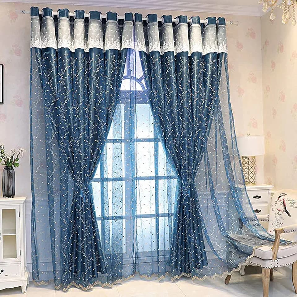 Amidoudou 1 Pair Double Layer Flower Curtains for Living Room Pastoral Cherry Patterned Embroidered Curtains for Bedroom (Royal Blue,54x90 Inch)