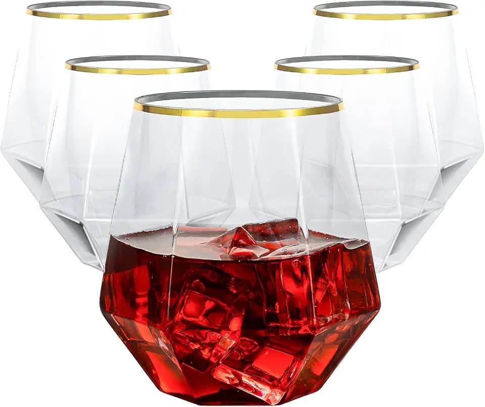 Goodluck 40PCS 12oz Diamond Stemless Plastic Wine Whiskey Glasses,Gold Rim