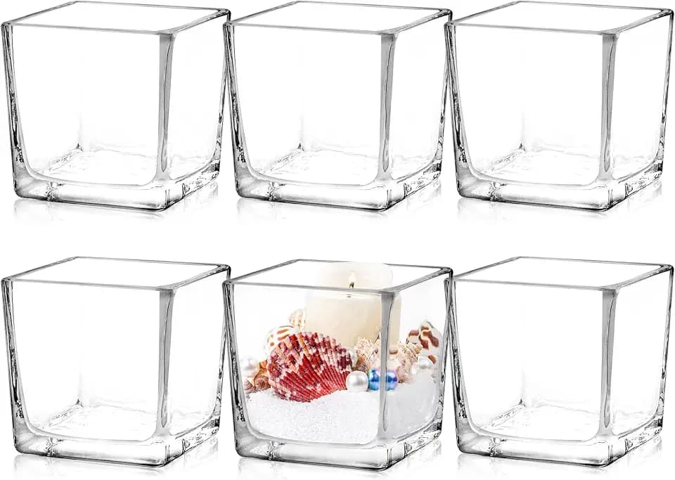 6 Pack Square Glass Vases 3" x3" x 3", Clear Flower Vases